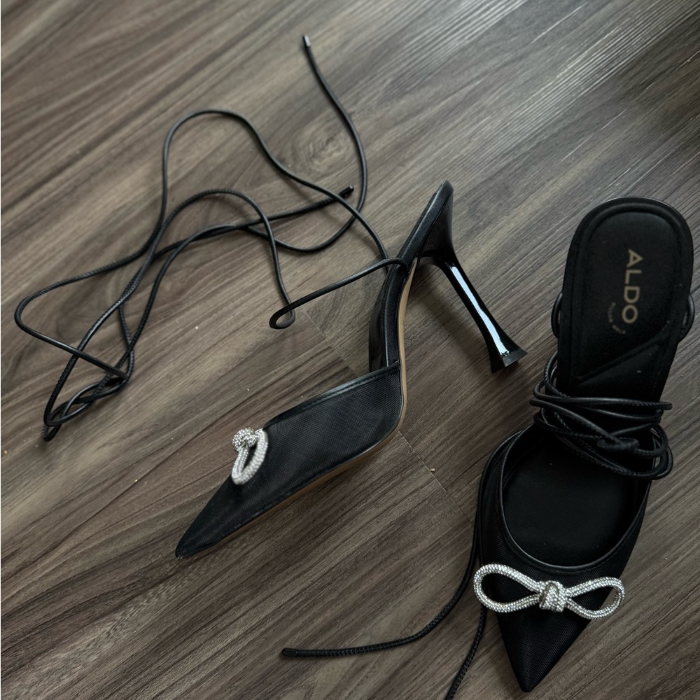 Aldo Black Heels with Silver Bow Detail
